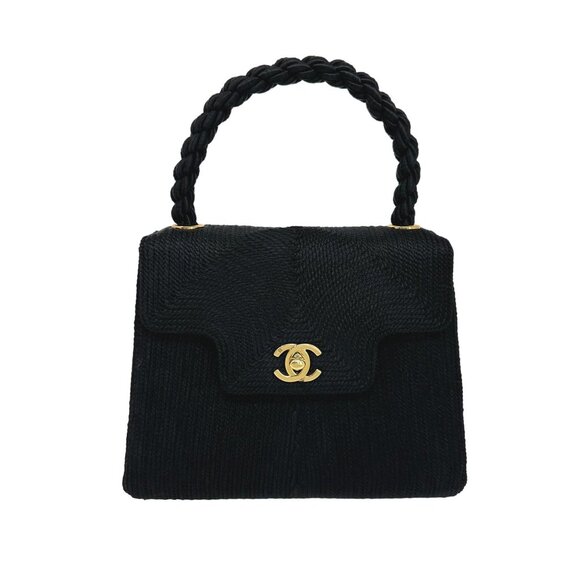 CHANEL Vintage 90s Kelly Black Mini Silk Rope Raffia Top Handle Bag 24k GHW - Picture 1 of 13